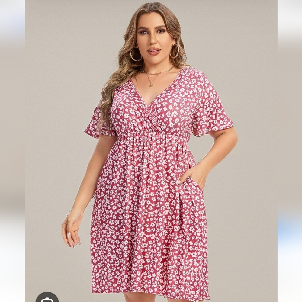 Amzplus Floral V-Neck ShortSleeves  Plus Size Dress With Pockets 2XL